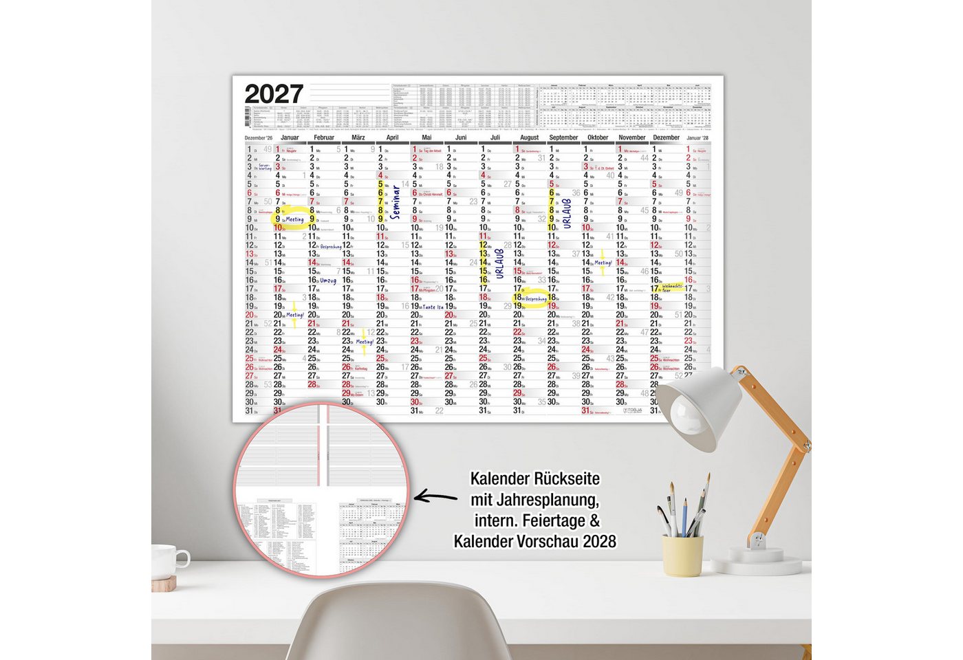 TOBJA Wandkalender Wandkalender 2027 A2 Standard 14 Monate – Jahresplaner quer, 14 Monate, Schulferien DE, KW, Rückseite Jahresplanung