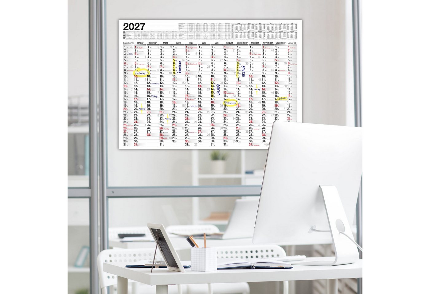 TOBJA Wandkalender Wandkalender 2027 A2 Standard 14 Monate – Jahresplaner quer, 14 Monate, Schulferien DE, KW, Rückseite Jahresplanung Bild 2