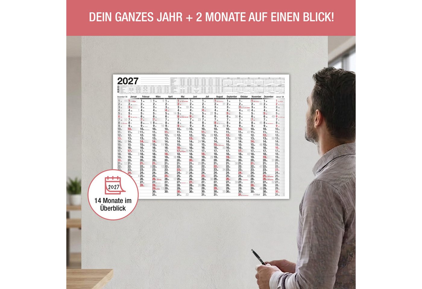 TOBJA Wandkalender Wandkalender 2027 A2 Standard 14 Monate – Jahresplaner quer, 14 Monate, Schulferien DE, KW, Rückseite Jahresplanung Bild 3