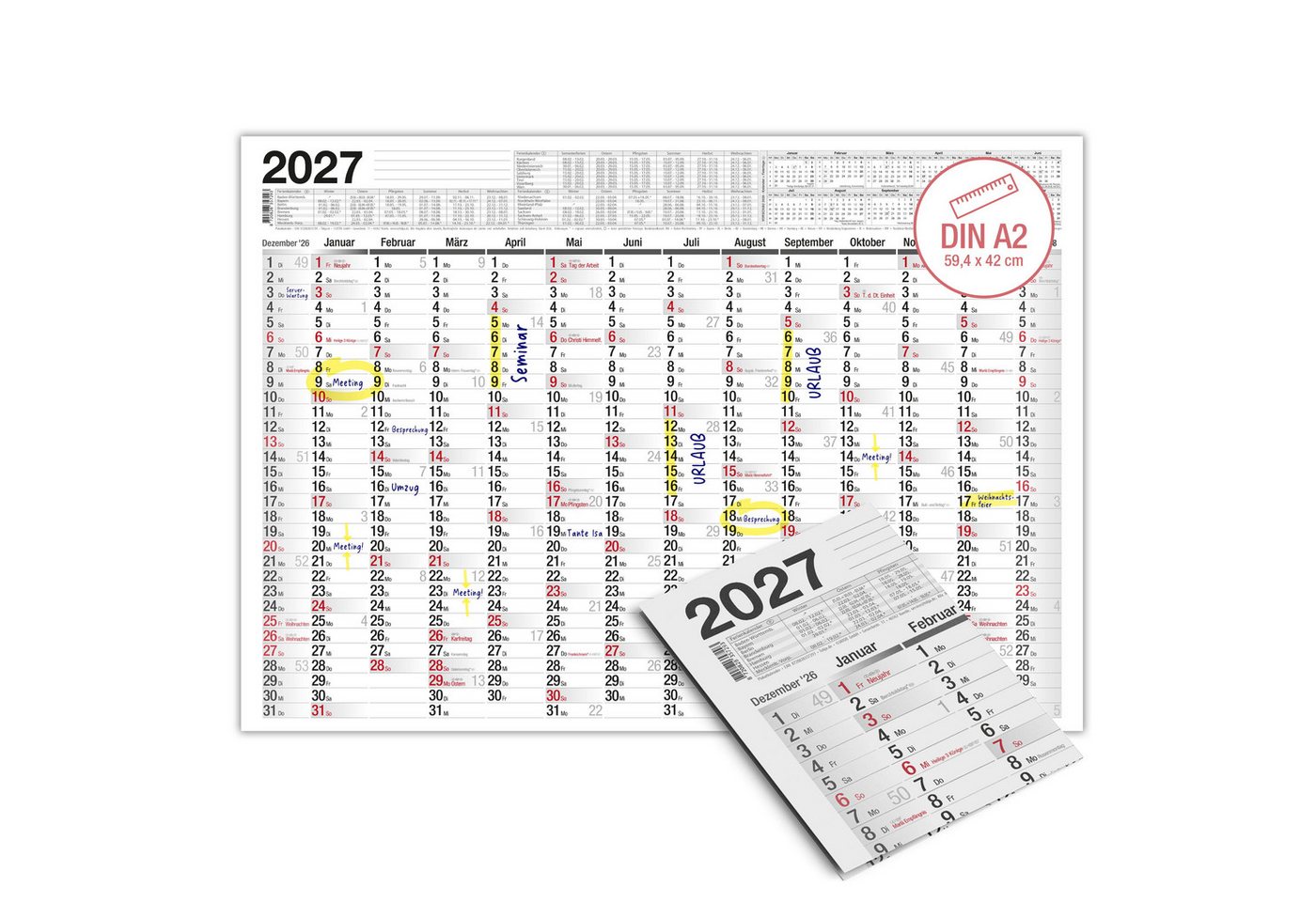 TOBJA Wandkalender Wandkalender 2027 A2 Standard 14 Monate – Jahresplaner quer, 14 Monate, Schulferien DE, KW, Rückseite Jahresplanung Bild 4