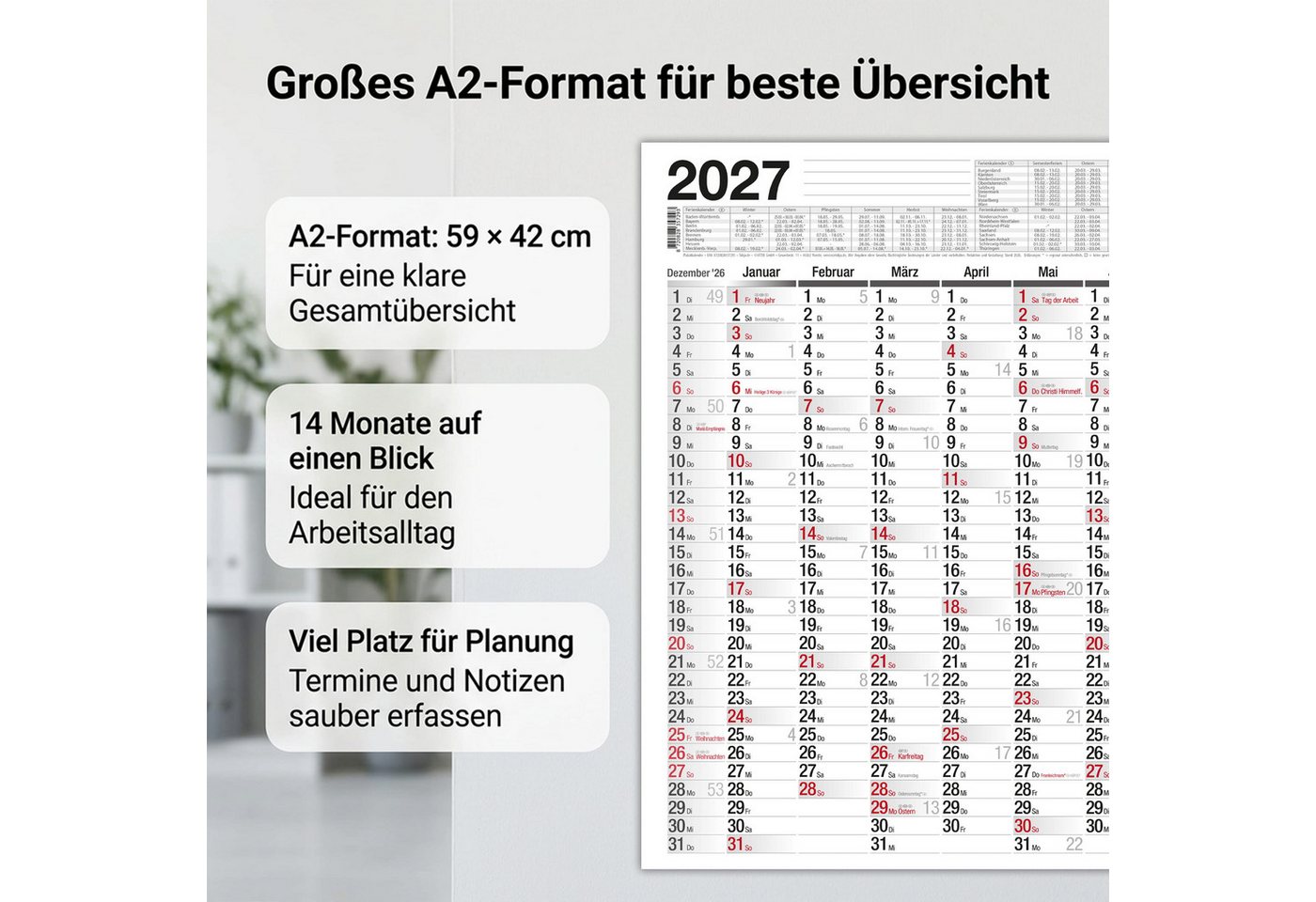 TOBJA Wandkalender Wandkalender 2027 A2 Standard 14 Monate – Jahresplaner quer, 14 Monate, Schulferien DE, KW, Rückseite Jahresplanung Bild 5
