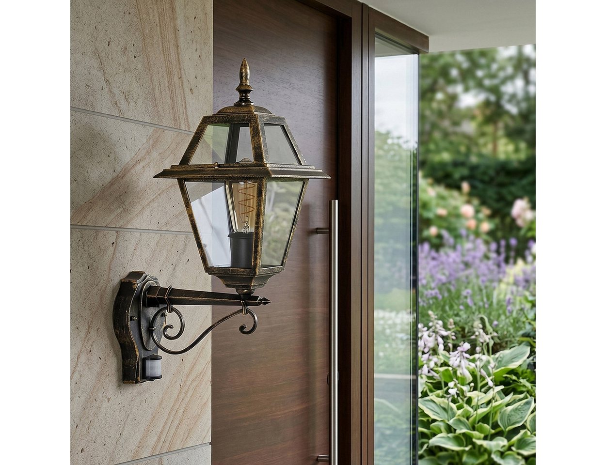 hofstein Außen-Wandleuchte Außenwandlampe m. Bewegungsmelder aus Metall/Glas in Schwarz/Gold/Klar, ohne Leuchtmittel, Wandleuchte außen im Vintage/Antik/Landhaus-Design, E27, IP44 Bild 2