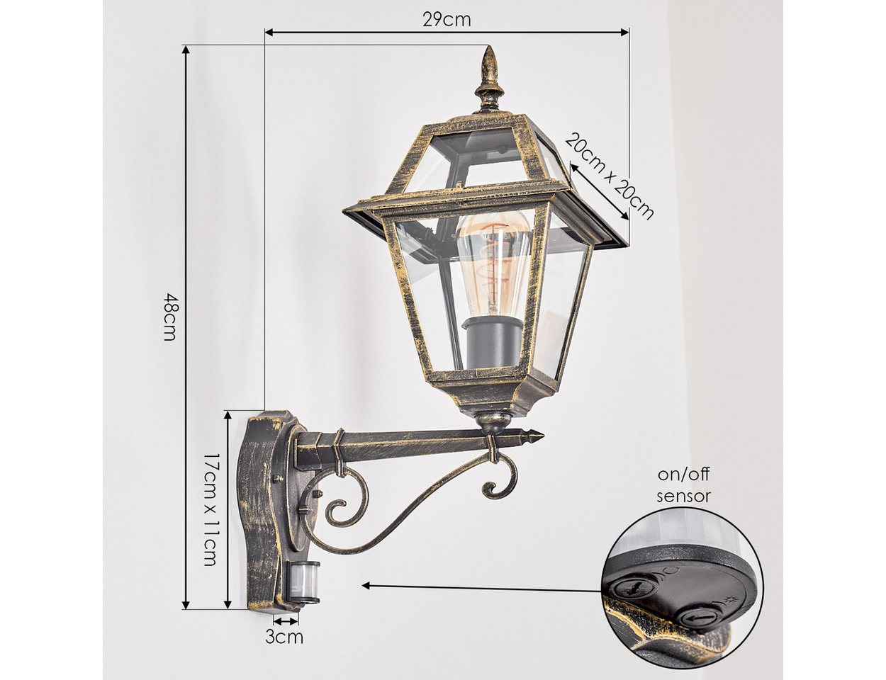 hofstein Außen-Wandleuchte Außenwandlampe m. Bewegungsmelder aus Metall/Glas in Schwarz/Gold/Klar, ohne Leuchtmittel, Wandleuchte außen im Vintage/Antik/Landhaus-Design, E27, IP44 Bild 4