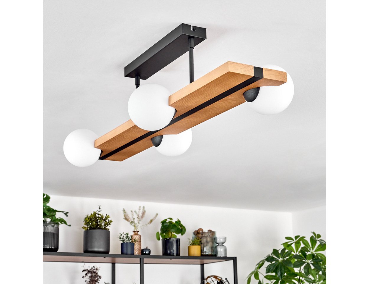 hofstein Deckenleuchte Deckenlampe aus Metall/Holz/Glas in Schwarz/Natur/Weiß, ohne Leuchtmittel, Leuchte im Vintage-Design mit Glasschirmen (10cm) und Holzbalken, G9