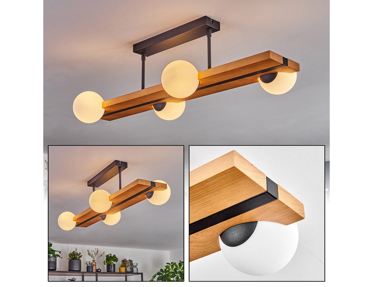 hofstein Deckenleuchte Deckenlampe aus Metall/Holz/Glas in Schwarz/Natur/Weiß, ohne Leuchtmittel, Leuchte im Vintage-Design mit Glasschirmen (10cm) und Holzbalken, G9 Bild 2