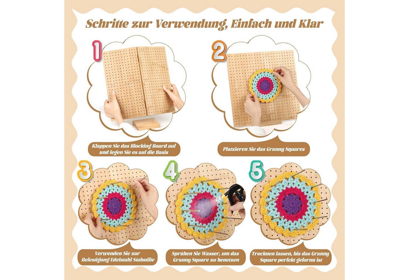 LuxusKollektion Häkelnadeln Großes Blocking Board 33x33 cm für Granny Squares Spannen mit 30 Bild 3