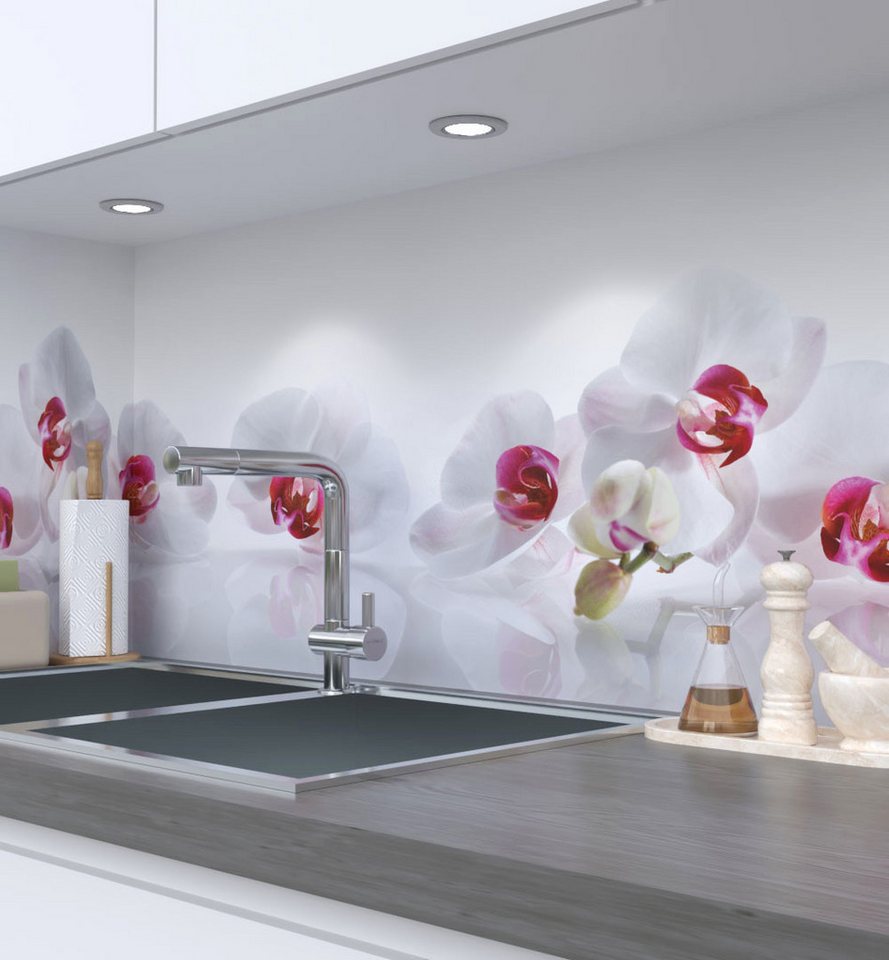 MyMaxxi Küchenrückwand Küchenrückwand selbstklebend Orchidee Weiß Spritzschutz Folie, (Klebefolie passend geschnitten und gerollt B 180 cm x H 60 cm), Orchidee Weiss B 180 cm x H 60 cm Bild 2