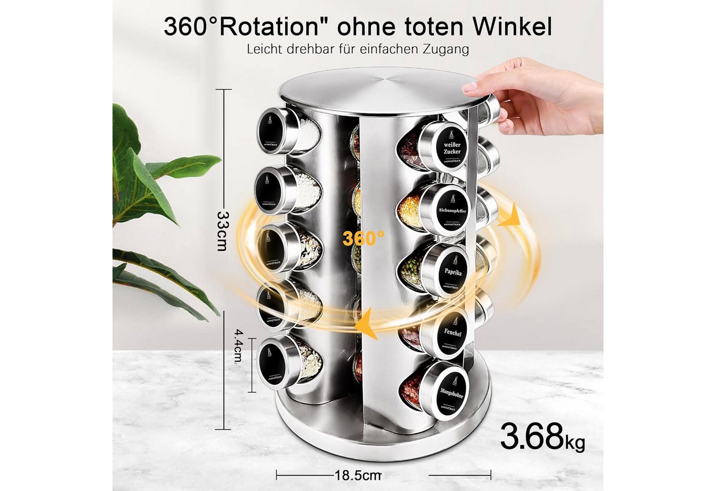 KingLux Gewürzregal 360° Rotation Fünflagig Gewürzregal Stehend mit 20Stk.Gewürzgläser, 1-tlg. Bild 2