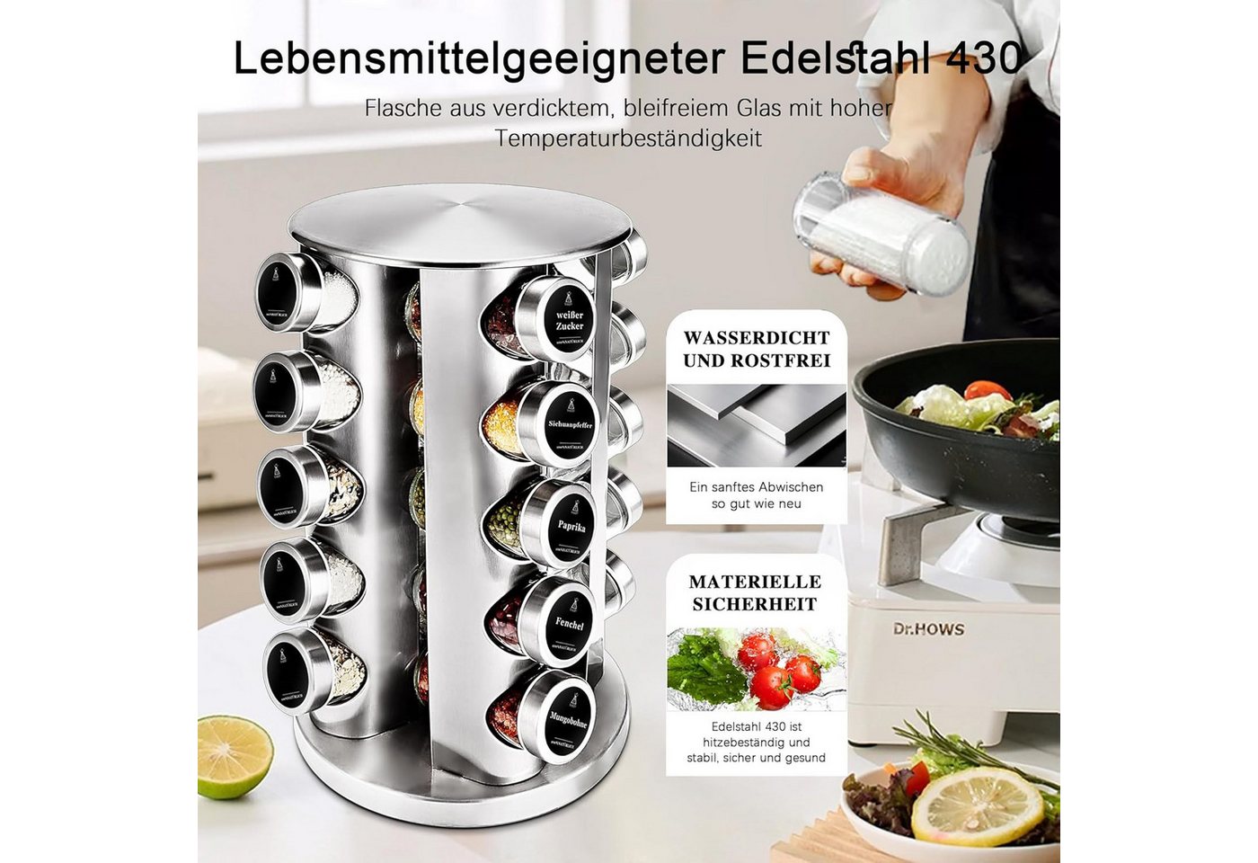 KingLux Gewürzregal 360° Rotation Fünflagig Gewürzregal Stehend mit 20Stk.Gewürzgläser, 1-tlg. Bild 4