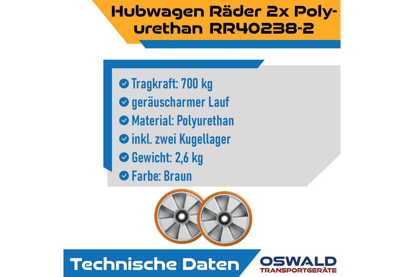 OSWALD Transportgeräte Gabelhubwagen 2 Hubwagenräder Polyurethan 180 x 50/50 mm Achse 20 mm inkl Kugellager, (2 St., RR40238-2), inkl. Kugellager Bild 2