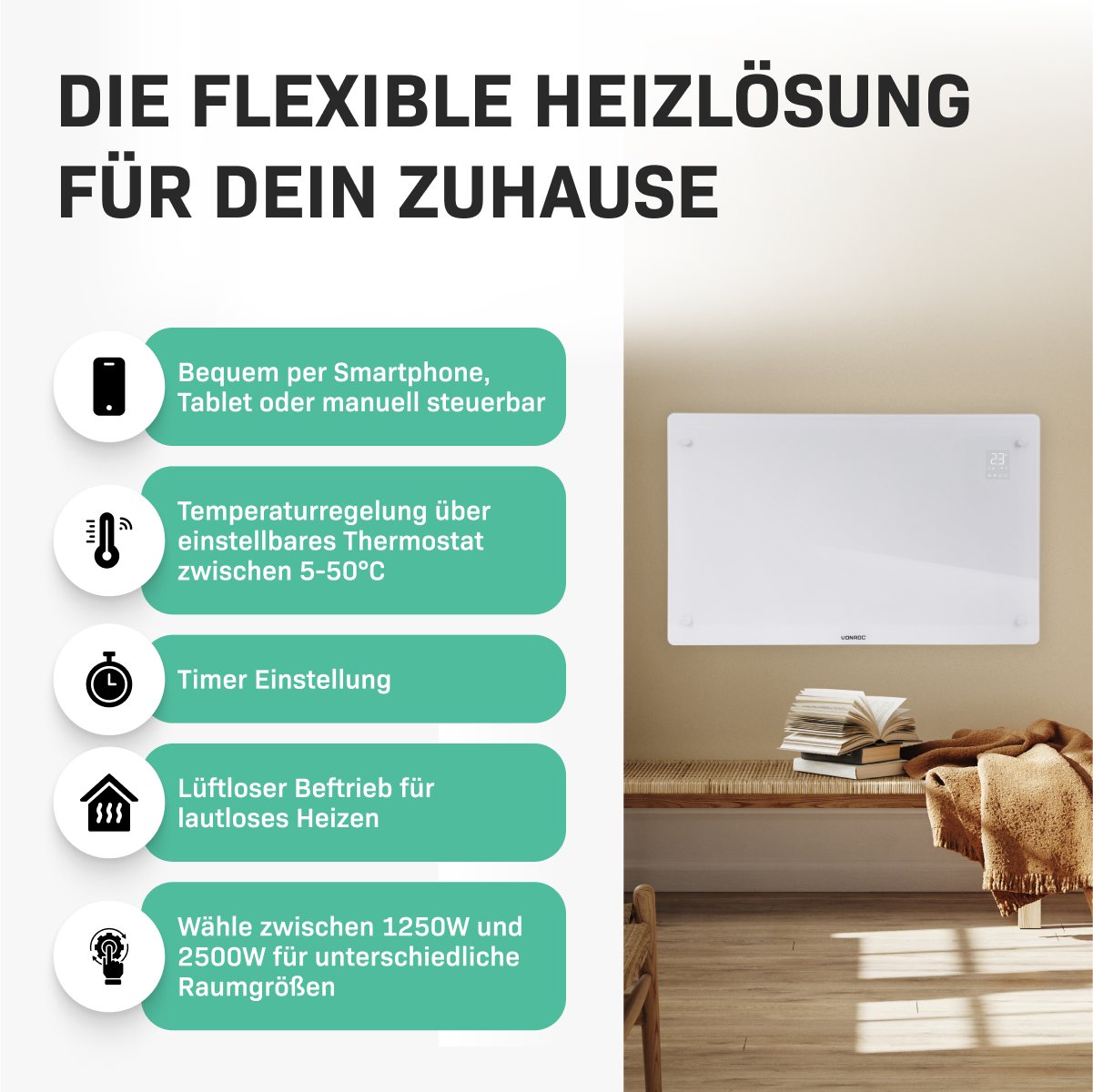 VONROC Heizkörper Elektroheizung in Varianten für 12 bis 30qm Räume, Elektrische Konvektorheizung 2 stufig - Manuelle/App Steuerung Bild 4