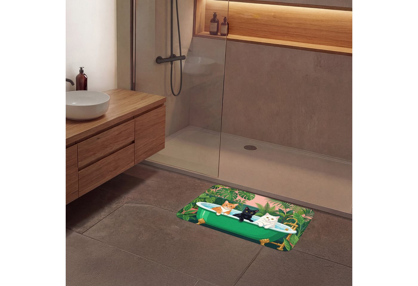 OnlyWow Badematte Badezimmer - Katzenparade - Farbenfroh, Höhe 10 mm, Polyester, Rechteckig, Badezimmerteppich, Badteppich, Rutschfest, Duschvorleger, Duschmatte Bild 3