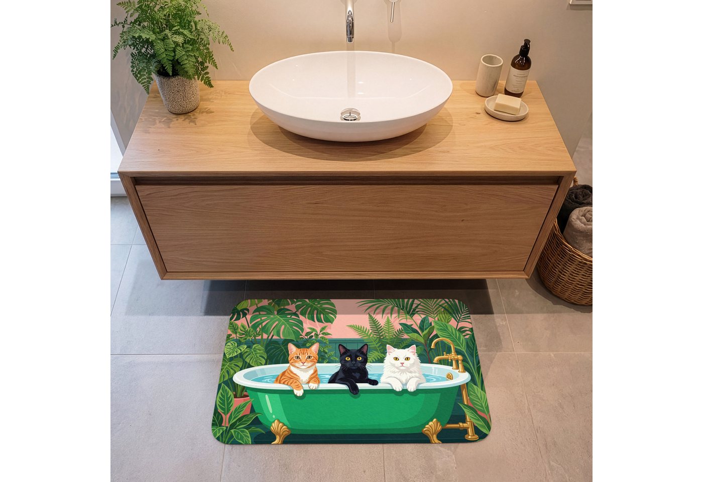 OnlyWow Badematte Badezimmer - Katzenparade - Farbenfroh, Höhe 10 mm, Polyester, Rechteckig, Badezimmerteppich, Badteppich, Rutschfest, Duschvorleger, Duschmatte Bild 4