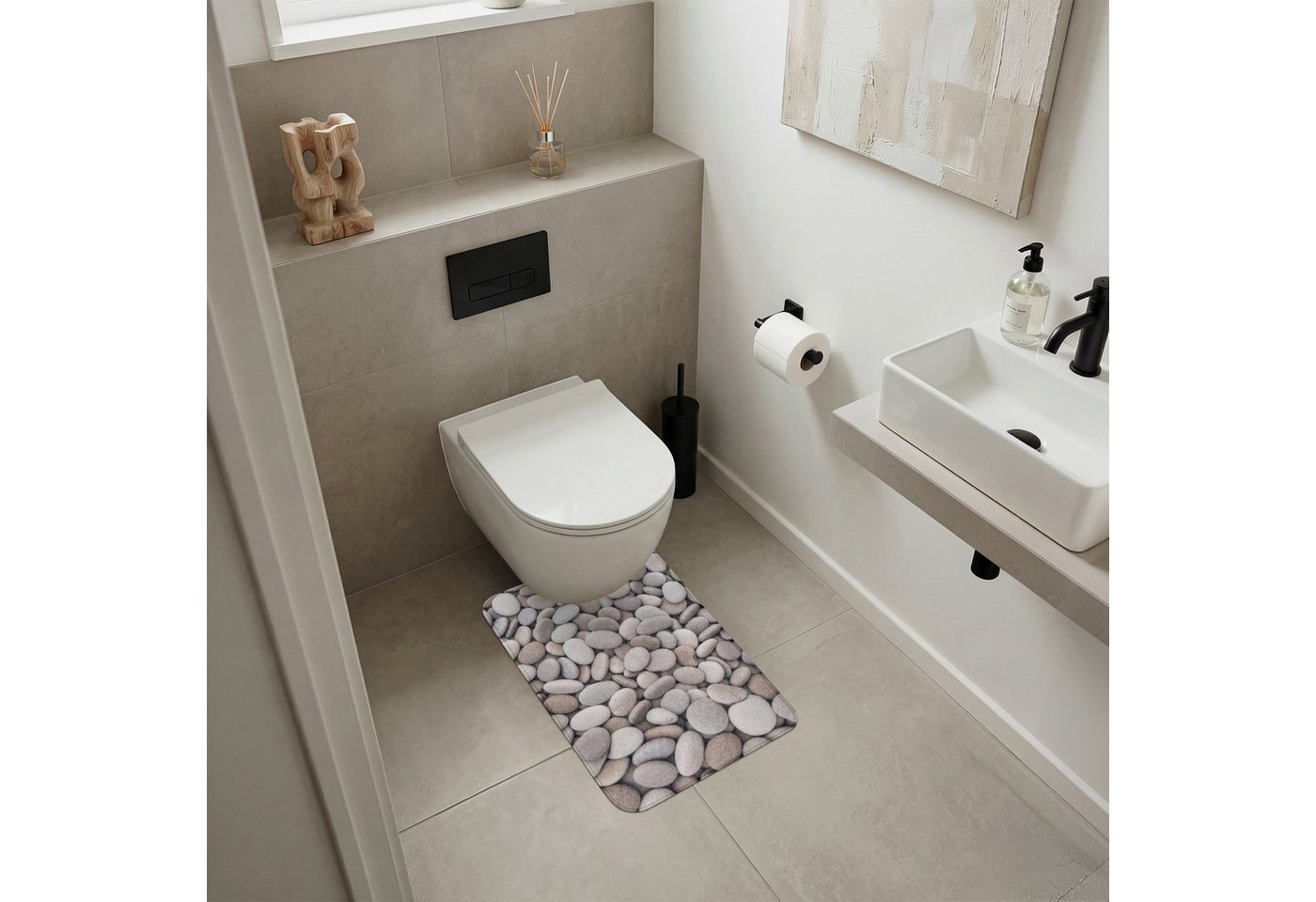 OnlyWow WC-Vorleger Kieselsteine - Steine - Grau, Höhe 10 mm, Polyester, Rechteckig, WC Teppich, Toilettenvorleger, Toilettenteppich, Badematte 40x60 cm
