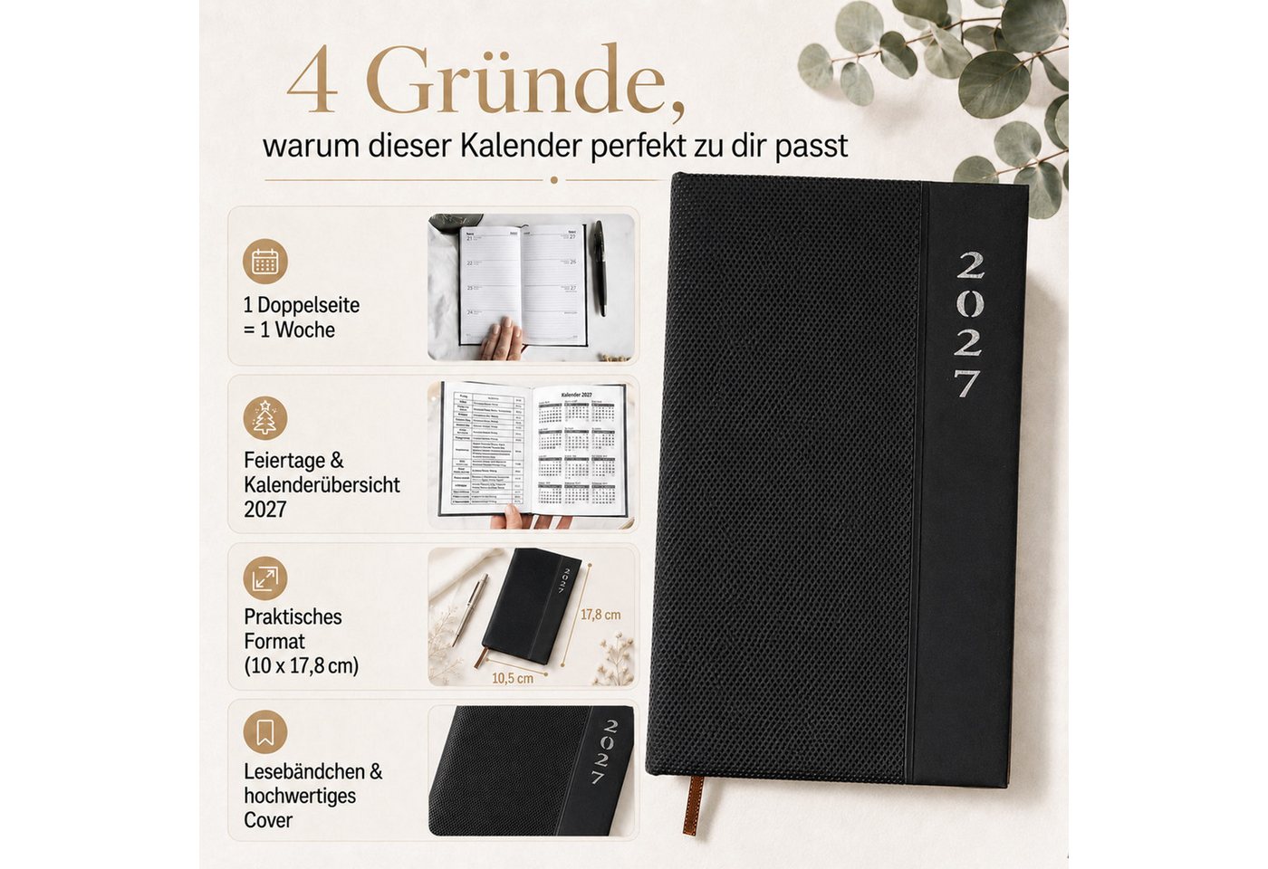 AMLI Taschenkalender Taschenkalender 2027 A6 Lang 1 Woche 2 Seiten Softtouch Schwarz, A6 Lang 10,5x17,8 cm, Softtouch, Leseband, Ferien & Feiertage Bild 3