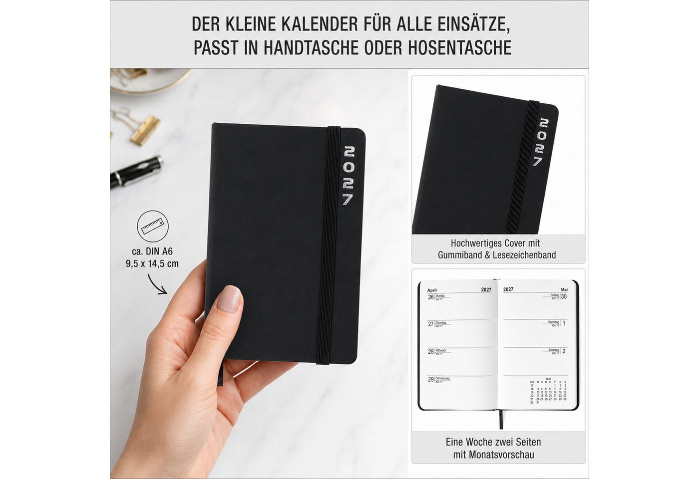 AMLI Taschenkalender Taschenkalender 2027 A6 mit Gummiband 1 Woche 2 Seiten Schwarz, Gummiband, Folienprägung, Leseband, Ferien & Feiertage