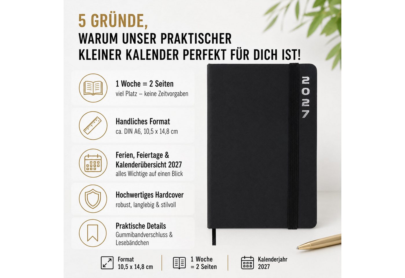 AMLI Taschenkalender Taschenkalender 2027 A6 mit Gummiband 1 Woche 2 Seiten Schwarz, Gummiband, Folienprägung, Leseband, Ferien & Feiertage Bild 2