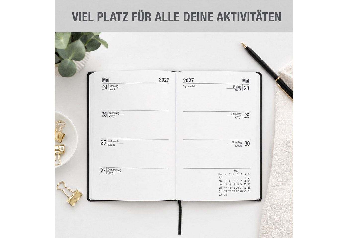 AMLI Taschenkalender Taschenkalender 2027 A6 mit Gummiband 1 Woche 2 Seiten Schwarz, Gummiband, Folienprägung, Leseband, Ferien & Feiertage Bild 3