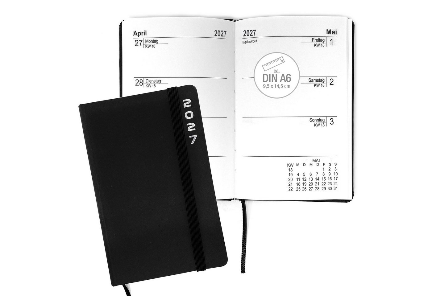 AMLI Taschenkalender Taschenkalender 2027 A6 mit Gummiband 1 Woche 2 Seiten Schwarz, Gummiband, Folienprägung, Leseband, Ferien & Feiertage Bild 4