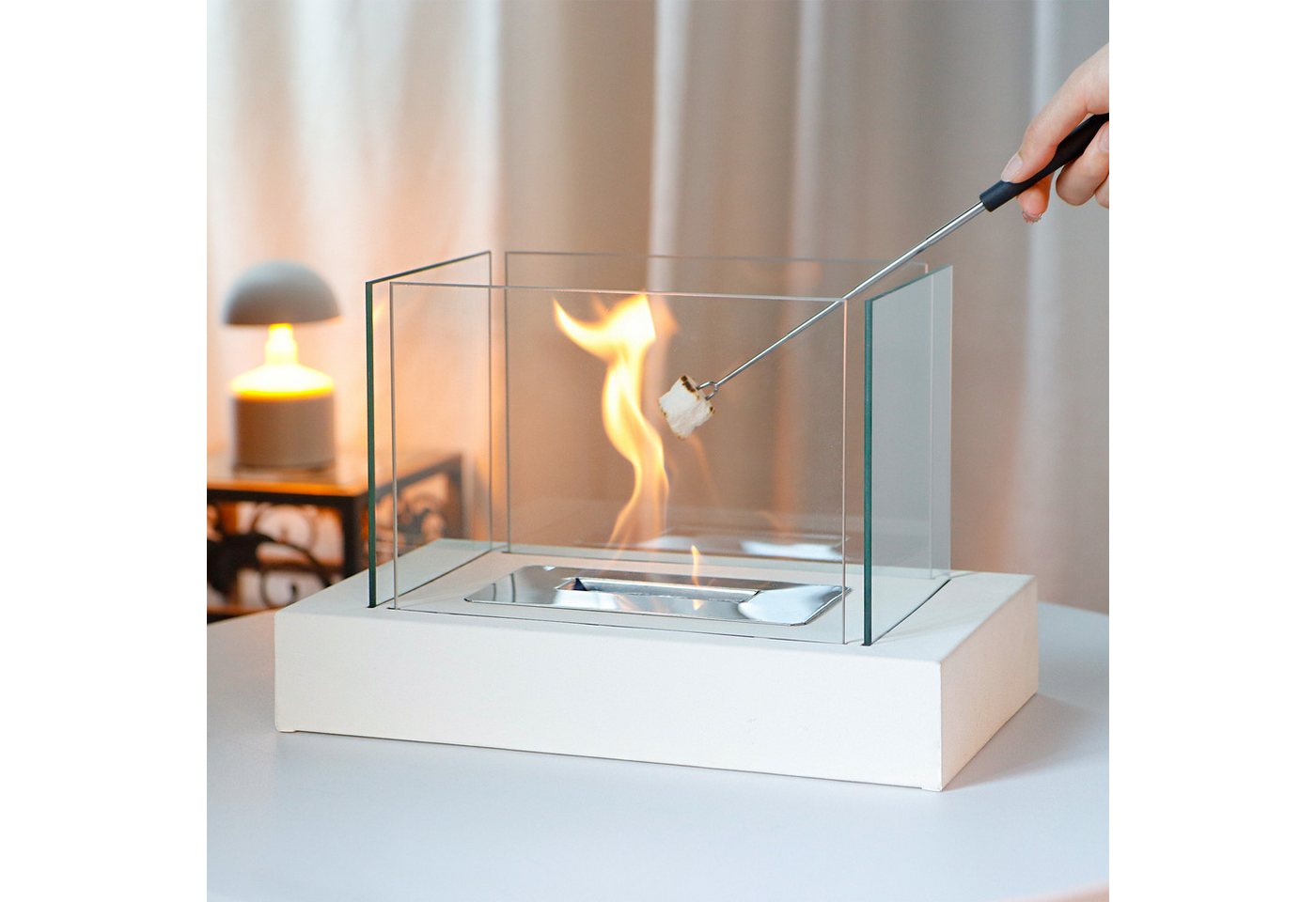 JHY DESIGN Feuerschale 35cm Breite Windlicht Tischkamin Feuerschale aus Metall und Glas, (1-St), für Innen und Außenbereich, Weiß