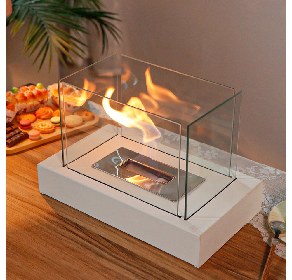 JHY DESIGN Feuerschale 35cm Breite Windlicht Tischkamin Feuerschale aus Metall und Glas, (1-St), für Innen und Außenbereich, Weiß Bild 3