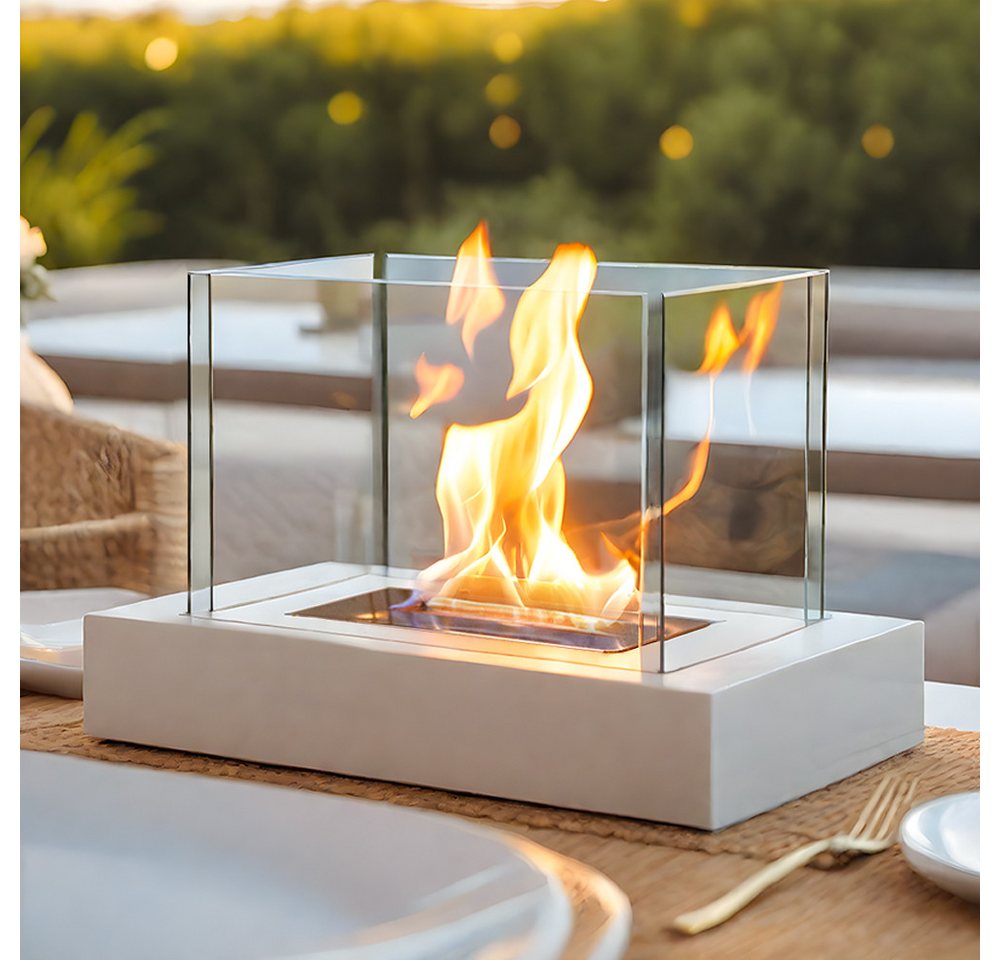 JHY DESIGN Feuerschale 35cm Breite Windlicht Tischkamin Feuerschale aus Metall und Glas, (1-St), für Innen und Außenbereich, Weiß Bild 4