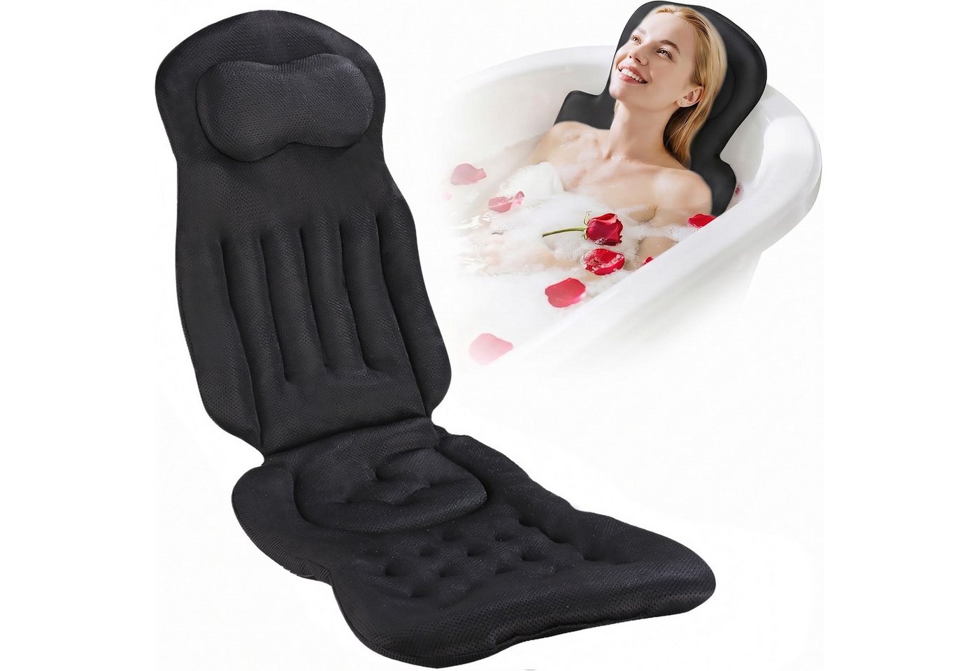 HEYHIPPO Badewannenkissen 4D Badewannenkissen,atmungsaktiv,mit Kopfstütze & Saugnäpfen, schwarz, Ergonomisches Ganzkörper– stützt Kopf, Schultern, Rücken & Gesäß, Badekissen – 104×38 cm, Mesh-Material, rutschfest, maschinenwaschbar Bild 3