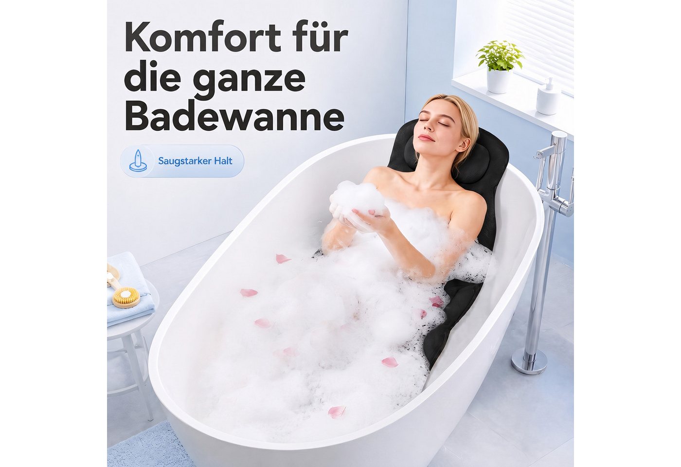 HEYHIPPO Badewannenkissen 4D Badewannenkissen,atmungsaktiv,mit Kopfstütze & Saugnäpfen, schwarz, Ergonomisches Ganzkörper– stützt Kopf, Schultern, Rücken & Gesäß, Badekissen – 104×38 cm, Mesh-Material, rutschfest, maschinenwaschbar Bild 4