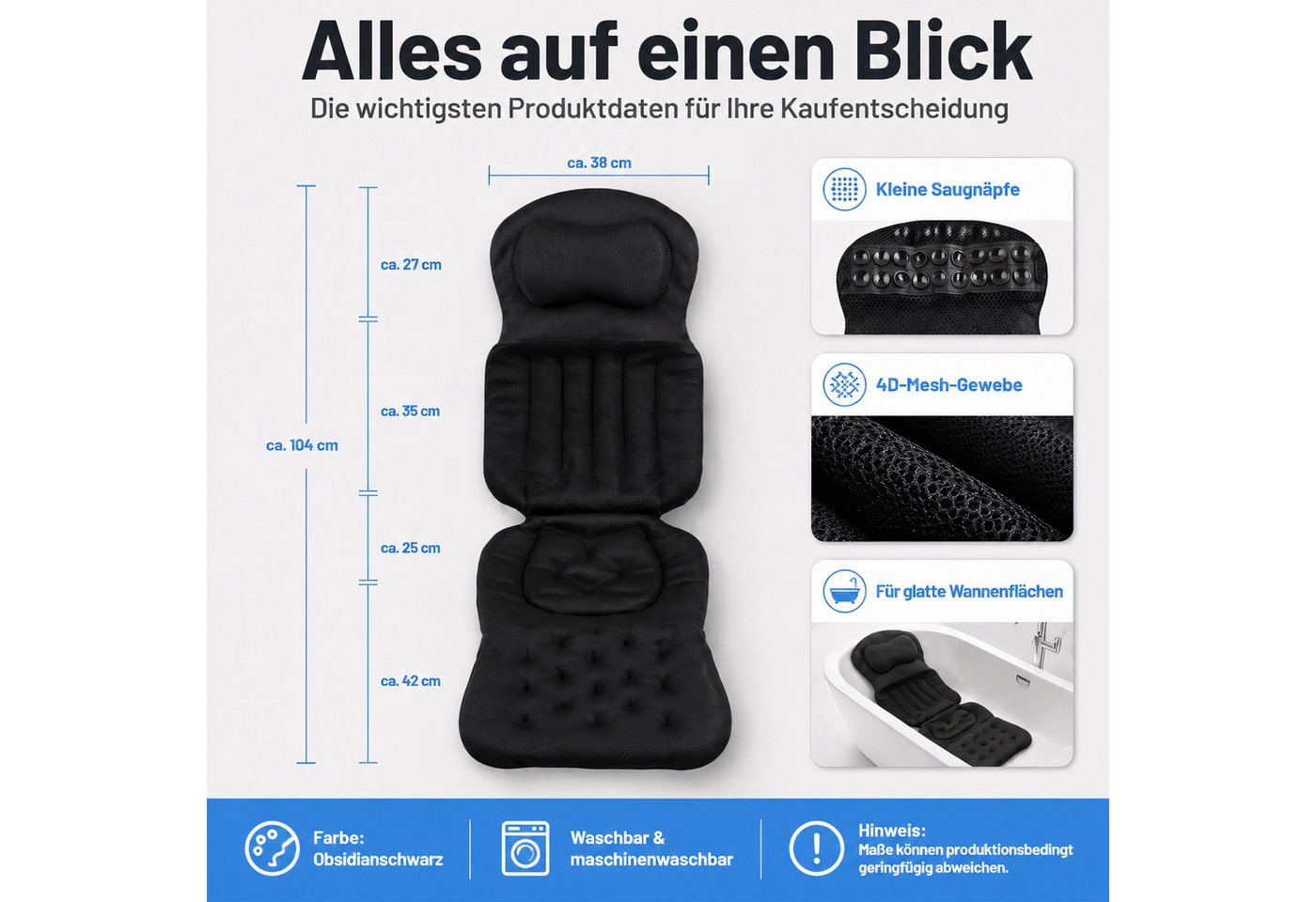 HEYHIPPO Badewannenkissen 4D Badewannenkissen,atmungsaktiv,mit Kopfstütze & Saugnäpfen, schwarz, Ergonomisches Ganzkörper– stützt Kopf, Schultern, Rücken & Gesäß, Badekissen – 104×38 cm, Mesh-Material, rutschfest, maschinenwaschbar Bild 5