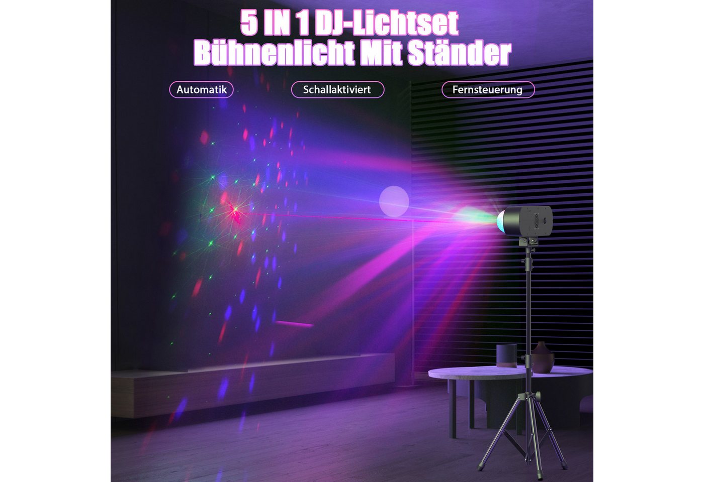 ZonQoonz Discolicht Mini-5-in-1-Effektstrahler mit Stativ, Fernbedienung und Tragetasch Bild 3