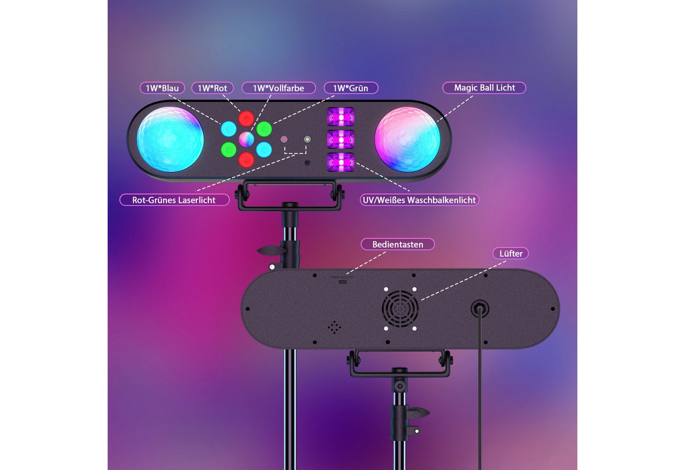 ZonQoonz Discolicht Mini-5-in-1-Effektstrahler mit Stativ, Fernbedienung und Tragetasch Bild 4