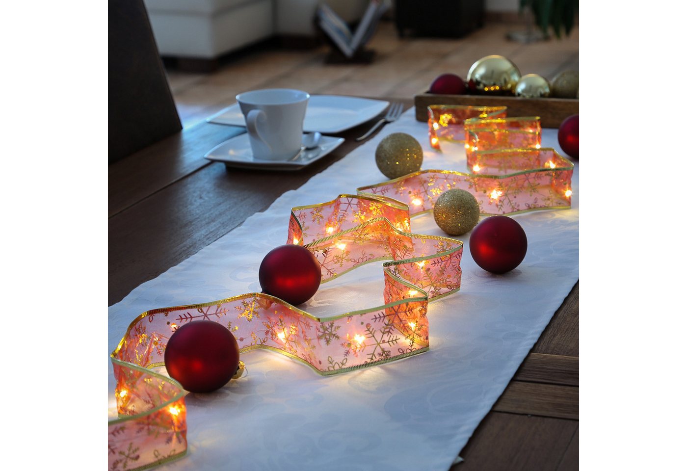 MARELIDA LED-Lichterkette LED Seidenband Geschenkband Schleifenband 30 LED 2,7m Batterie rot, 30-flammig Bild 3