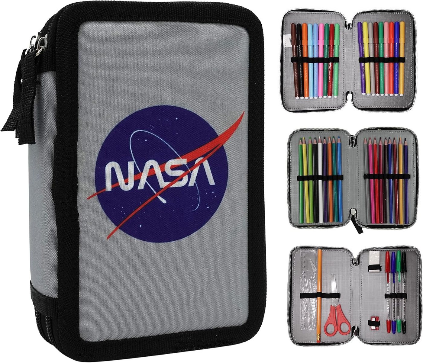 GOLDKIDS Federmäppchen Federmappe NASA Federtasche XXL, (Schüleretui Federtasche Federpenal, 1-tlg., Schulmäppchen grau 3 Fächer 45-teilig), gefüllt inkl Hausaufgabenheft Bild 5