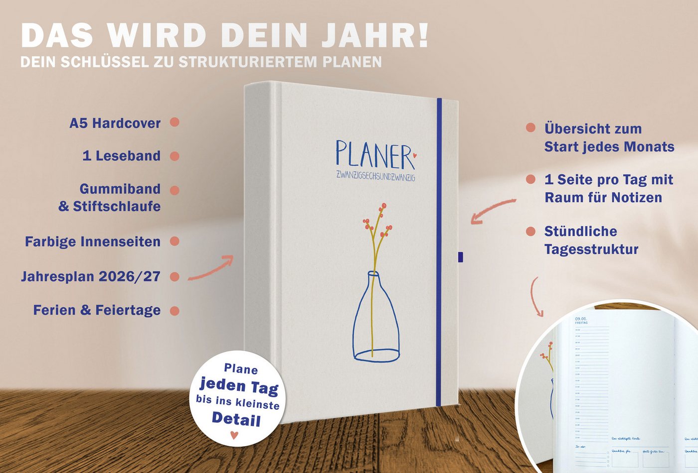 Eine der Guten Verlag Terminkalender Planer 2026 - Terminplaner A5, creme, 1 Seite/ Tag, 408 S. FSC-Papier, Hardcover, klimaneutral Bild 2