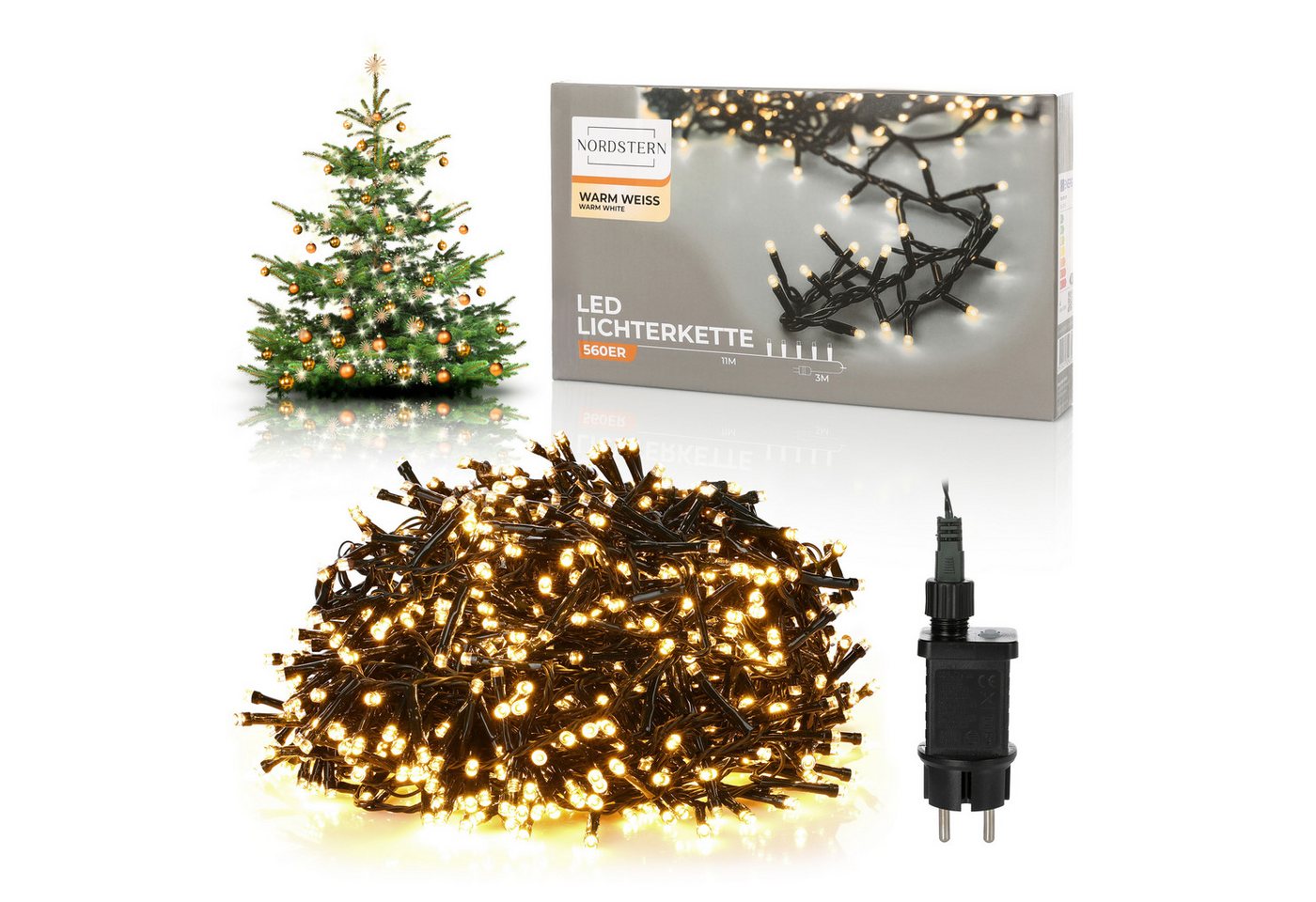 Nordstern LED-Lichterkette WarmWeiß von 24 bis 1.200 LED Weihnachtsdeko für Innen und Außen, mit Stecker 560 LED - 11 m für Weihnachtsbaum