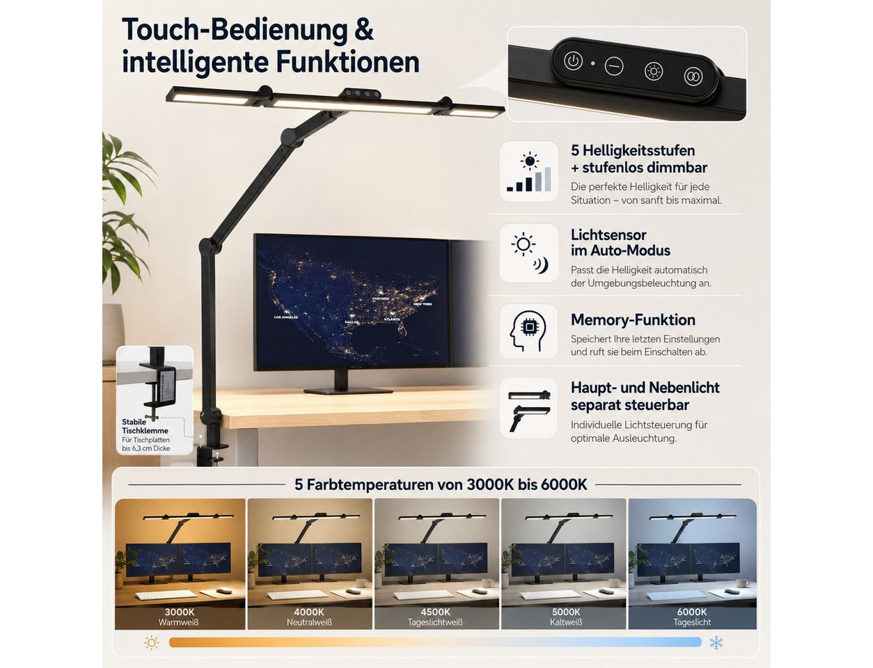 Cozy Vent LED Schreibtischlampe LED Schreibtischlampe extra lang 3000–6000K mit Lichtsensor, LED fest integriert Bild 2