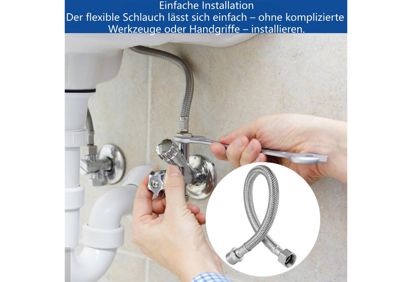 FOUORTUNATE-BEE Flexschlauch 2x Flexschlauch 30cm Edelstahl Anschluss 16mm Gewinde Verlängerung, (2 St), Für Eckventil Warmwasserbereiter Wasserleitung und Anschluss Bild 3