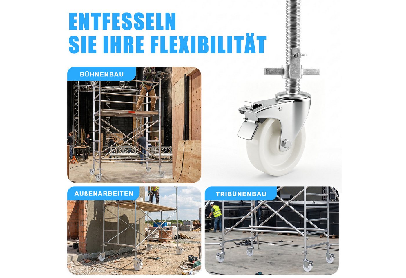 XIIW Gerüstrolle 4 tlg. Set Gerüsträder 150mm Lenkrolle mit Bremse 1000kg Tragfähigkeit, (Set, 4-St., Länge: 500 mm, Spindel: Ø38 mm, 370 mm Höhenverstellbar), Gerüstrollen für Gerüst Rollgerüst