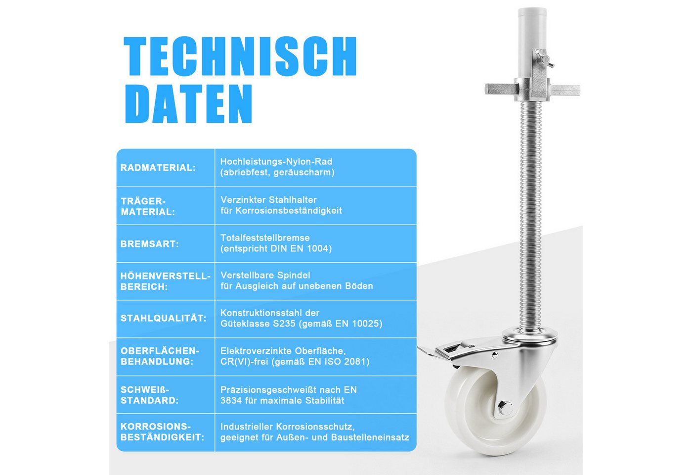 XIIW Gerüstrolle 4 tlg. Set Gerüsträder 150mm Lenkrolle mit Bremse 1000kg Tragfähigkeit, (Set, 4-St., Länge: 500 mm, Spindel: Ø38 mm, 370 mm Höhenverstellbar), Gerüstrollen für Gerüst Rollgerüst Bild 2