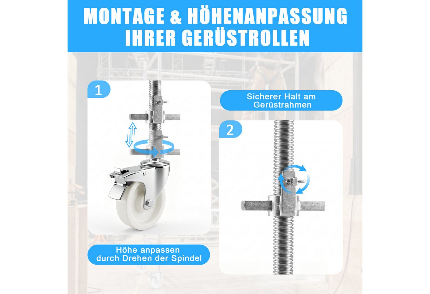 XIIW Gerüstrolle 4 tlg. Set Gerüsträder 150mm Lenkrolle mit Bremse 1000kg Tragfähigkeit, (Set, 4-St., Länge: 500 mm, Spindel: Ø38 mm, 370 mm Höhenverstellbar), Gerüstrollen für Gerüst Rollgerüst Bild 3