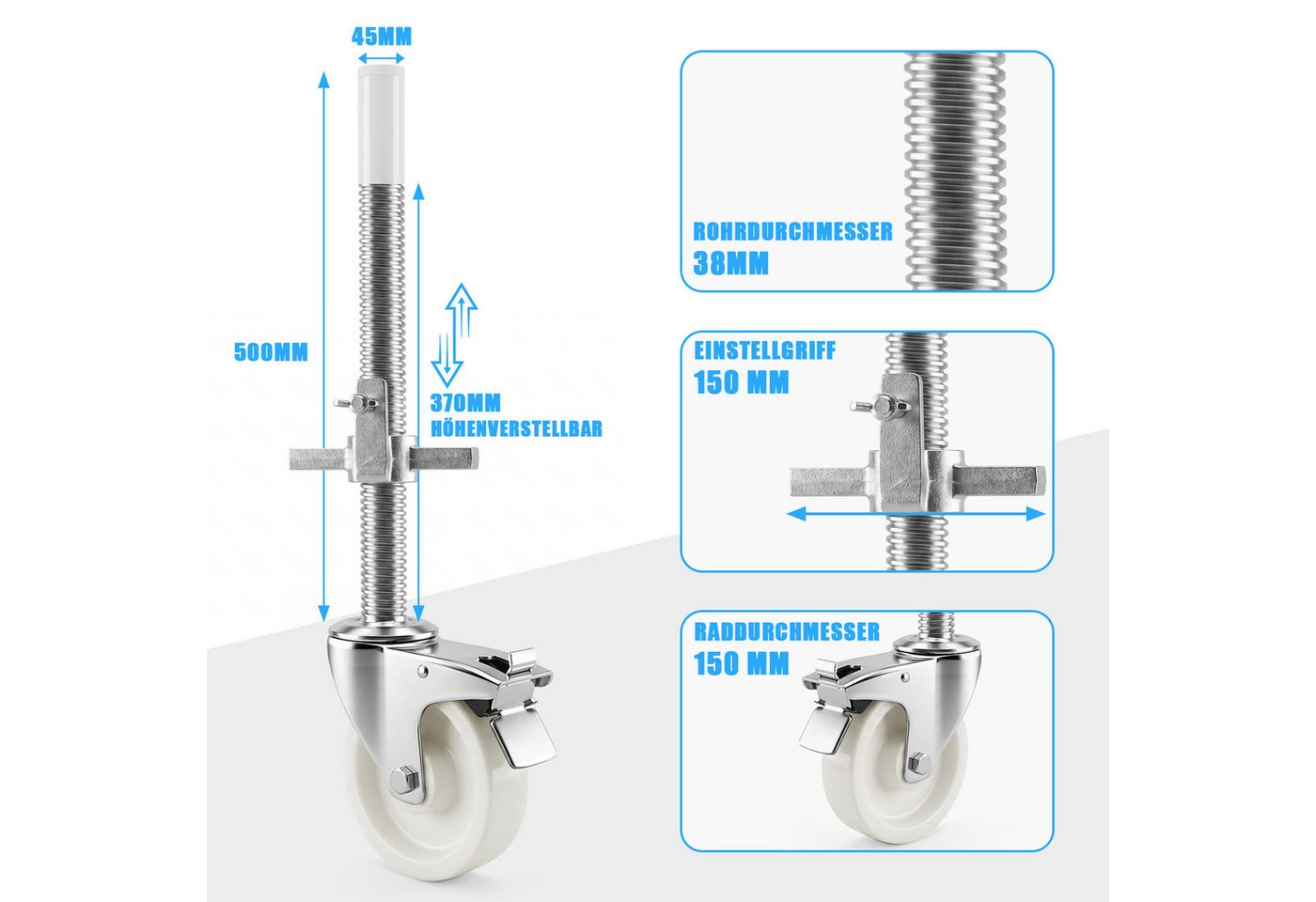 XIIW Gerüstrolle 4 tlg. Set Gerüsträder 150mm Lenkrolle mit Bremse 1000kg Tragfähigkeit, (Set, 4-St., Länge: 500 mm, Spindel: Ø38 mm, 370 mm Höhenverstellbar), Gerüstrollen für Gerüst Rollgerüst Bild 4