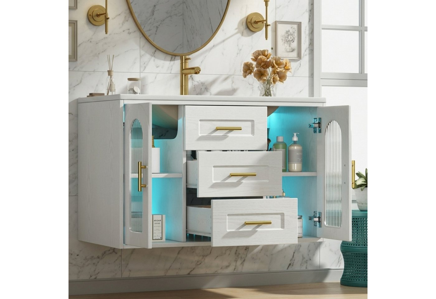 Merax Waschtisch mit Waschbecken, hängend Badmöbel mit LED-Beleuchtung (76×46×55 cm, 1-St., Badschrank ohne Wasserhahn), Badezimmerschrank mit 2 Glastüren, 3 Schubladen & Stauraum