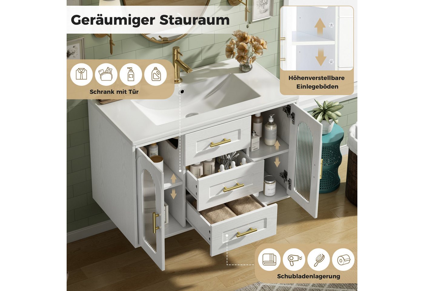 Merax Waschtisch mit Waschbecken, hängend Badmöbel mit LED-Beleuchtung (76×46×55 cm, 1-St., Badschrank ohne Wasserhahn), Badezimmerschrank mit 2 Glastüren, 3 Schubladen & Stauraum Bild 2