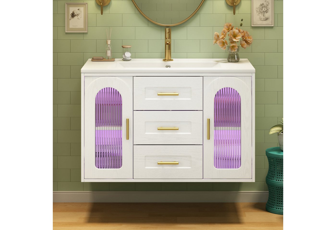 Merax Waschtisch mit Waschbecken, hängend Badmöbel mit LED-Beleuchtung (76×46×55 cm, 1-St., Badschrank ohne Wasserhahn), Badezimmerschrank mit 2 Glastüren, 3 Schubladen & Stauraum Bild 3