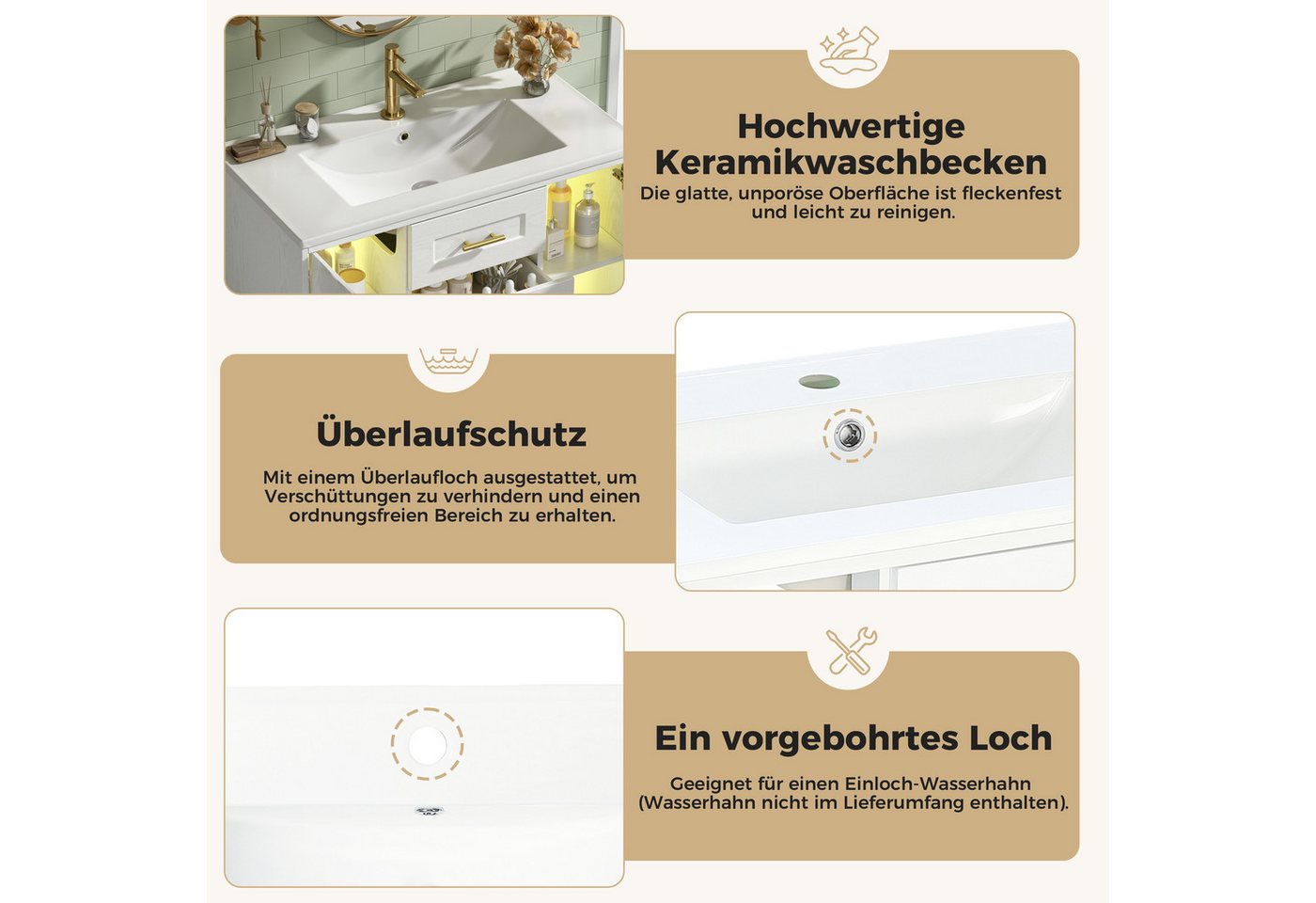 Merax Waschtisch mit Waschbecken, hängend Badmöbel mit LED-Beleuchtung (76×46×55 cm, 1-St., Badschrank ohne Wasserhahn), Badezimmerschrank mit 2 Glastüren, 3 Schubladen & Stauraum Bild 4