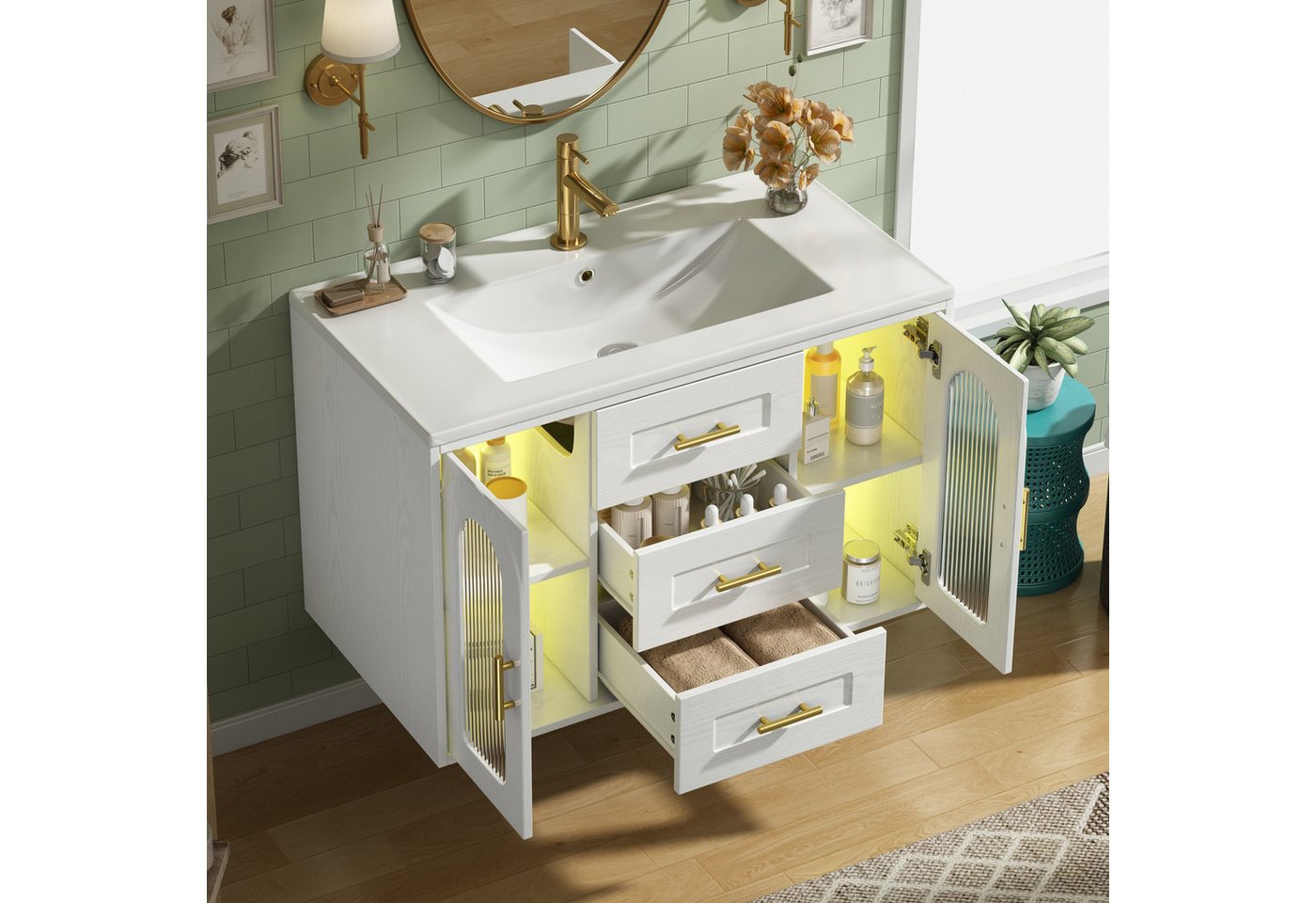 Merax Waschtisch mit Waschbecken, hängend Badmöbel mit LED-Beleuchtung (76×46×55 cm, 1-St., Badschrank ohne Wasserhahn), Badezimmerschrank mit 2 Glastüren, 3 Schubladen & Stauraum Bild 5