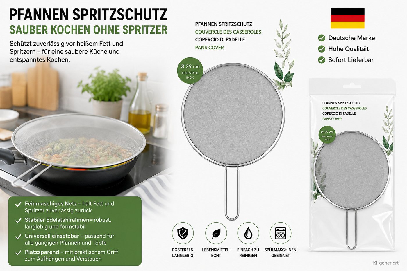 HH-Haushalt Pfannenwender Pfannen Spritzschutz aus Edelstahl mit feinmaschigem Netz Ø 29 cm Bild 2