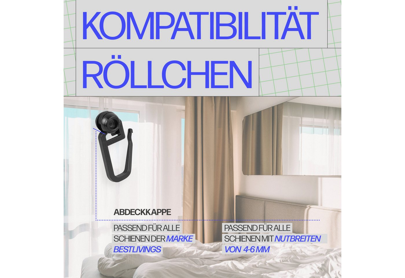 Bestlivings Gardinenröllchen Rollendurchmesser Ø8mm, Gardinenschienen mit Innenlauf, (100-St), für Innenlauf 4–6mm (Weiß) für Kräuselband, Faltenband, Universalband Bild 4