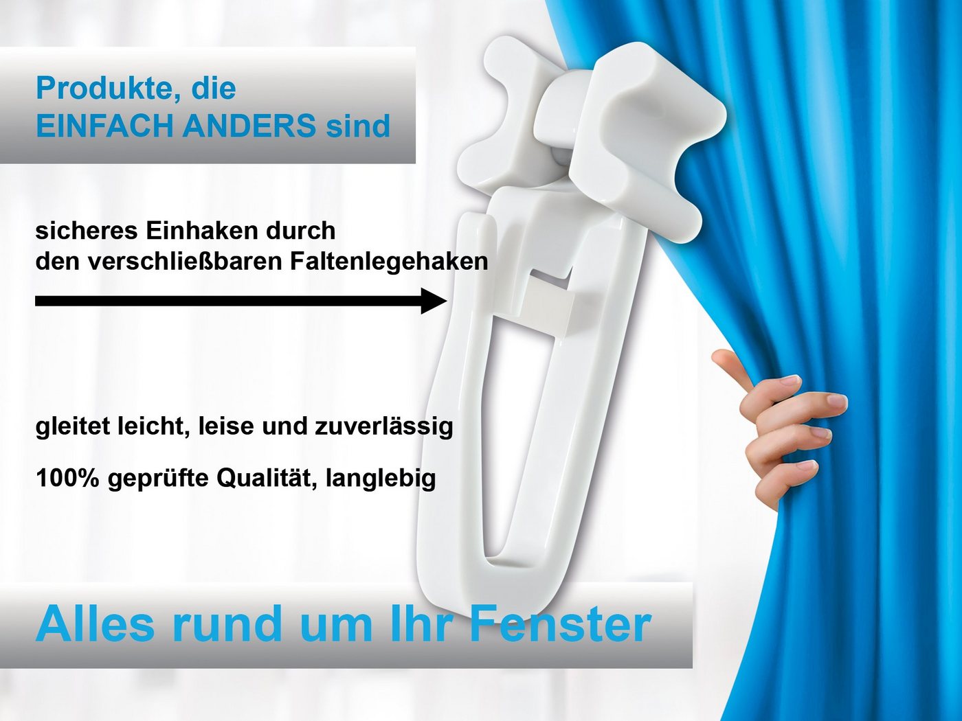 dekohaken24.de Gardinengleiter X-Gleiter/Gardinengleiter/Faltengleiter in weiß, für Gardinenschienen mit 6mm breiten Profilschlitzen, (100-St), mit verschließbarem Faltenlegehaken Bild 4