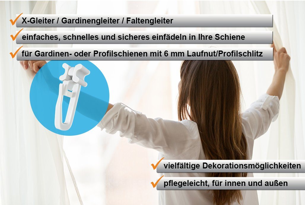 dekohaken24.de Gardinengleiter X-Gleiter/Gardinengleiter/Faltengleiter in weiß, für Gardinenschienen mit 6mm breiten Profilschlitzen, (100-St), mit verschließbarem Faltenlegehaken Bild 5